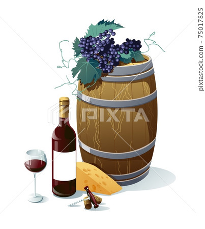 Grape, wine bottle, wineglass, barrel, grapes, cheese, vector illustration. Objects isolated on white background. 75017825