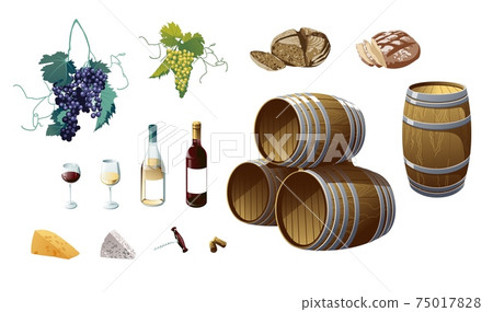 Grape, wine bottles, wineglass, barrel, grapes, cheese, bread vector illustration. Objects isolated on white background. 75017828