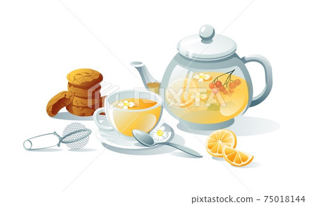 Tea set green, herbal, black. Teapots, cups, tea bag, strainer, cookies. Objects are isolated on a white background. 75018144