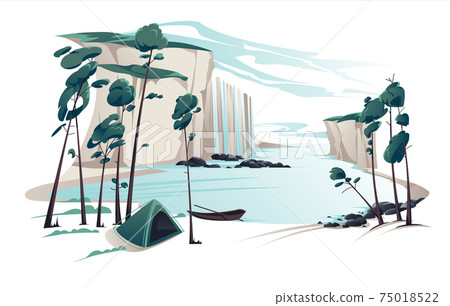 Vector flat summer landscape illustration with waterfall, river, mountains, pines, tent and baot on blue clouded sky. Nature view. 75018522