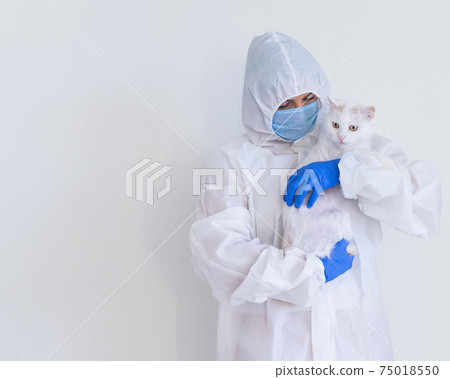 A woman in a protective suit with gloves and a mask is holding a white cat. Doctor tests pets for coronavirus 75018550