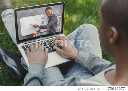 Distance Learning. Black Guy Having Online Lesson With Business Coach, Collage 75019077