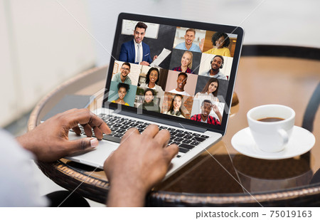 Web Conference. Black Man With Laptop Making Video Call To His Collegues 75019163