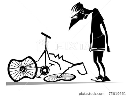 Cyclist and a broken bike isolated illustration. Sad cyclist standing near a broken bike with downcast head and hands black on white illustration 75019661