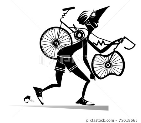 Tired cyclist with a broken bike isolated illustration. Tired cartoon cyclist man in helmet carries a broken bike on the shoulder black on white illustration Tired cyclist with a broken bike isolated illustration. Tired cartoon cyclist man in helmet carries a broken bike on the shoulder black on white illustration 75019663