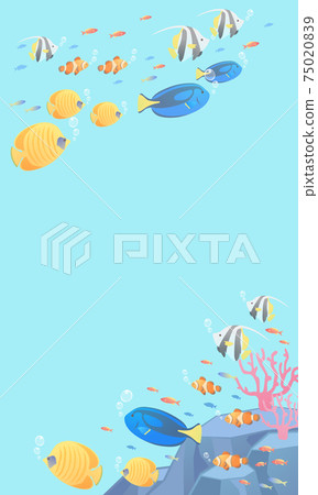 Summer sea tropical fish vector illustration frame background (copy space, message card) 75020839
