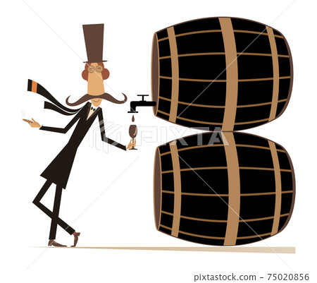 Cartoon long mustache man, wine, casks illustration.  Funny long mustache man in the top hat smokes a cigar and drinks wine from the big cask isolated on white 75020856