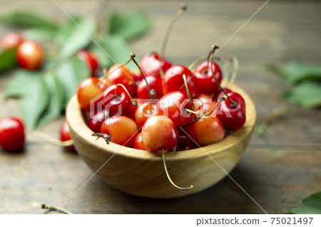 Fresh sweet cherries with leaves in a wooden plate Fresh sweet cherries with leaves in a wooden plate 75021497