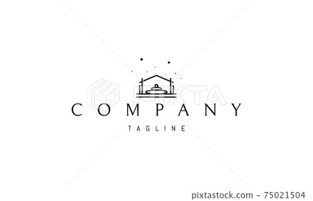 Vector logo on which an abstract image of the silhouette of a house in which there is a pyramid of stones. 75021504
