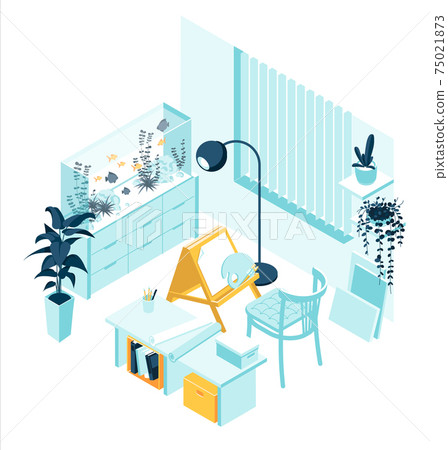 Isometric artist cabinet with easel and aquaruim home furniture and accessories interior concept isolated white background 75021873