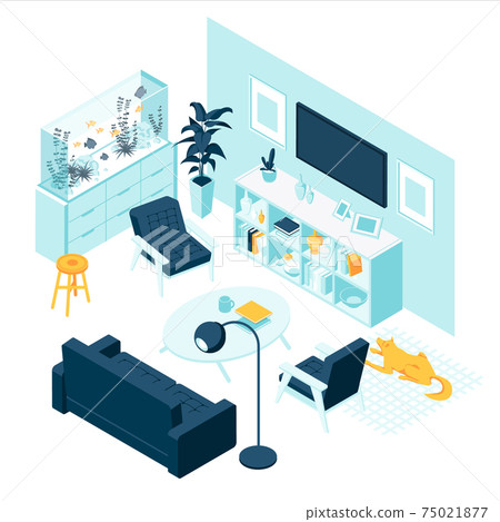 Isometric living room with aquaruim home furniture and accessories interior concept isolated white background Isometric living room with aquaruim home furniture and accessories interior concept isolated white background 75021877