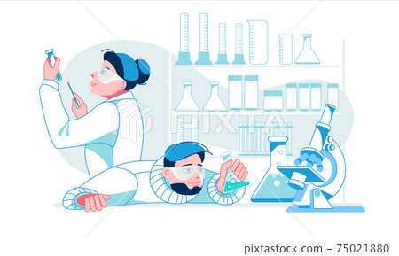 Two scientists working at laboratory. Man and woman experiment doing chemical experiment. Two lab assistants making scientific research. Scientists in white medical coats.Tubes, experiments. Vector. 75021880