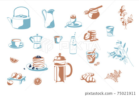 Set of breakfast objects: coffee, tea, honey, croissants, pancakes, milk lemon, biscuits, cookies, french press, eggs isolated white background vector illustration 75021911