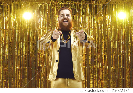 Funny positive overweight man hipster pointing with fingers at camera Funny positive overweight man hipster pointing with fingers at camera 75022185