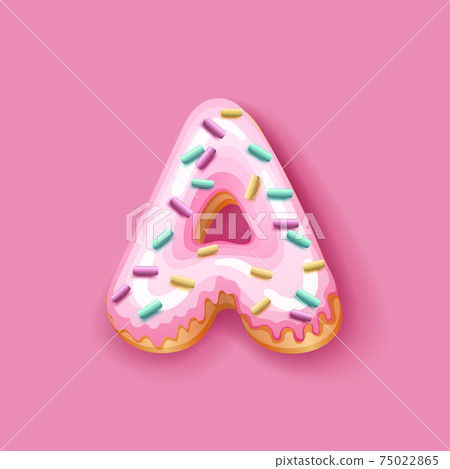 Donut icing pink upper latters - A Font of donuts. Bakery sweet alphabet. Donut alphabet latter A isolated on pink background, vector illustration Donut icing pink upper latters - A Font of donuts. Bakery sweet alphabet. Donut alphabet latter A isolated on pink background, vector illustration 75022865