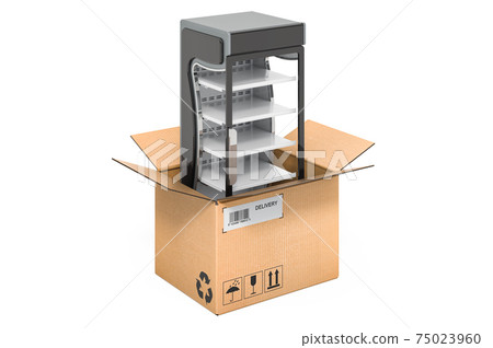 Refrigerated, display case inside cardboard box, delivery concept. 3D rendering Refrigerated, display case inside cardboard box, delivery concept. 3D rendering 75023960