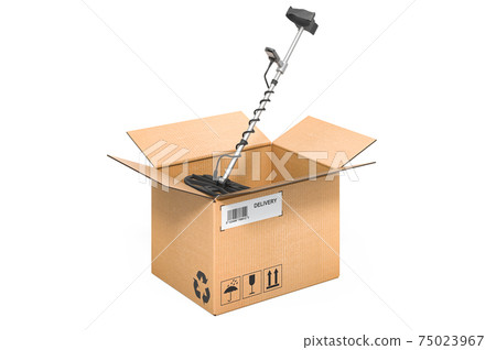 Metal detector inside cardboard box, delivery concept. 3D rendering Metal detector inside cardboard box, delivery concept. 3D rendering 75023967