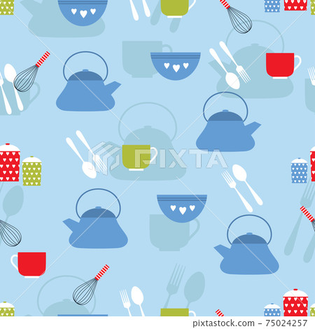 cute kitchen pattern in vector on blue background 75024257
