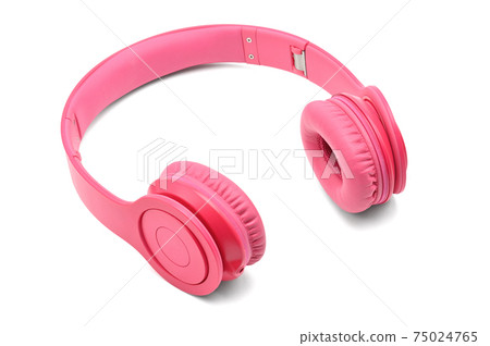 Pink headphones for listening to sound and music on a white background Pink headphones for listening to sound and music on a white background 75024765
