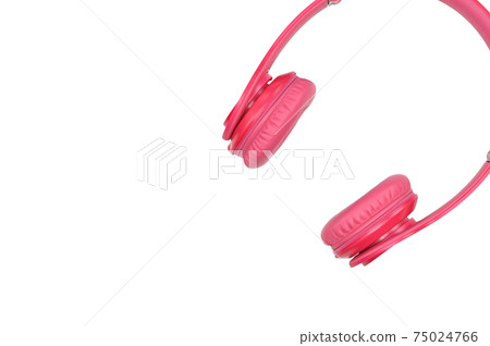 Pink headphones for listening to sound and music on a white background 75024766