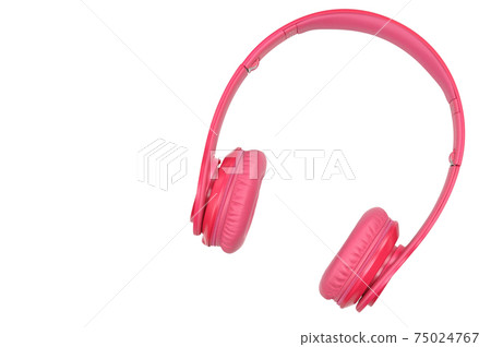 Pink headphones for listening to sound and music on a white background 75024767