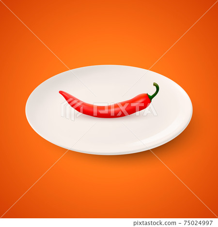 Vector 3d Realistic Red Hot and Spicy Chili Pepper and White Porcelain Ceramic Plate. Design Template, Mexican Food Concept. Front or Top View Vector 3d Realistic Red Hot and Spicy Chili Pepper and White Porcelain Ceramic Plate. Design Template, Mexican Food Concept. Front or Top View 75024997