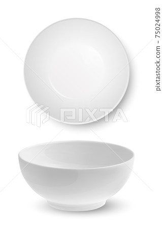 Vector 3d Realistic White Food Empty and Blank Porcelain Ceramic Bowl Plate Icon Set Closeup Isolated on White Background. Design Template, Mock up. Front and Top View Vector 3d Realistic White Food Empty and Blank Porcelain Ceramic Bowl Plate Icon Set Closeup Isolated on White Background. Design Template, Mock up. Front and Top View 75024998