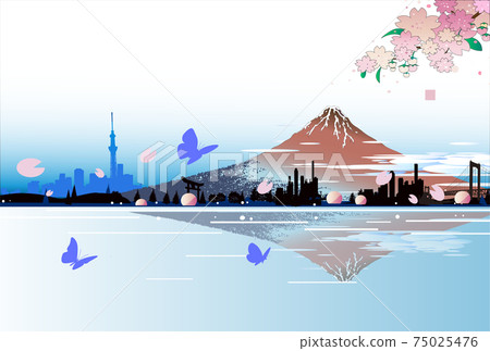 Spring of Red Fuji, cherry blossoms, butterflies and cityscape 75025476