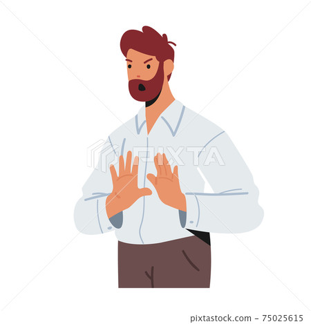 Bearded Adult Male Character Wearing Formal Wear Showing Refusal or Stop Gesture with Open Hand Palms front of Chest Bearded Adult Male Character Wearing Formal Wear Showing Refusal or Stop Gesture with Open Hand Palms front of Chest 75025615