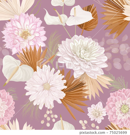 Watercolor dahlia flower, palm leaves, pampas grass, lunaria vector seamless background. Jungle dried flowers 75025699