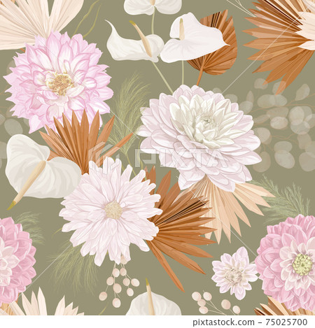 Tropical dahlia flower, palm leaves, pampas grass, lunaria vector seamless background. Jungle dried flowers 75025700