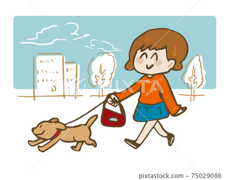 女人walking狗與背景 女人walking狗與背景 75029086