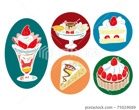 Coffee shop dessert illustration set Parfait, pudding a la mode, cake, crepe, tart 75029089