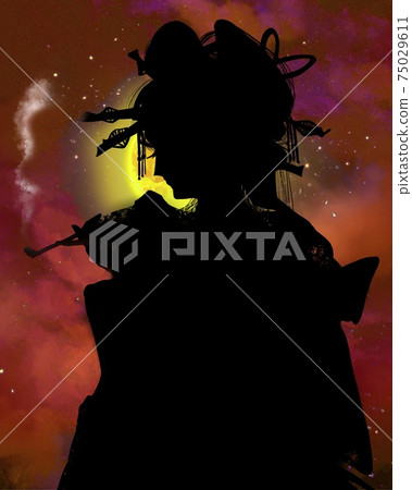 吉瓦拉·奧蘭（Yoshiwara Oiran）向藍色的滿月吹煙管 75029611