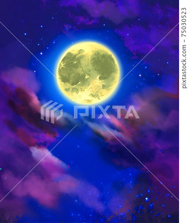 Fantastic night sky landscape painting of a full moon shining yellow and clouds in the wind 75030523