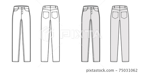 Jeans botton fly tapered Denim pants technical fashion illustration with full length, low waist, rise, 5 pockets, Rivets Jeans botton fly tapered Denim pants technical fashion illustration with full length, low waist, rise, 5 pockets, Rivets 75031062