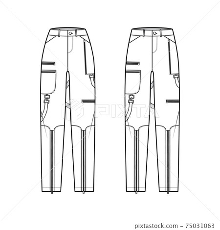 Set of Bondage pants technical fashion illustration with normal low waist, high rise, pockets, belt loops, full lengths. 75031063