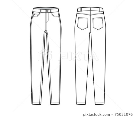 Jeans tapered Denim pants technical fashion illustration with full length, low waist, rise, 5 pockets, Rivets, belt loop 75031076