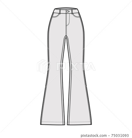 Jeans flared bottom Denim pants technical fashion illustration with full length, normal waist, high rise, 5 pockets 75031093