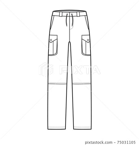 Zip-off convertible pants technical fashion illustration with low waist, high rise, box cargo jetted pockets, drawstring Zip-off convertible pants technical fashion illustration with low waist, high rise, box cargo jetted pockets, drawstring 75031105