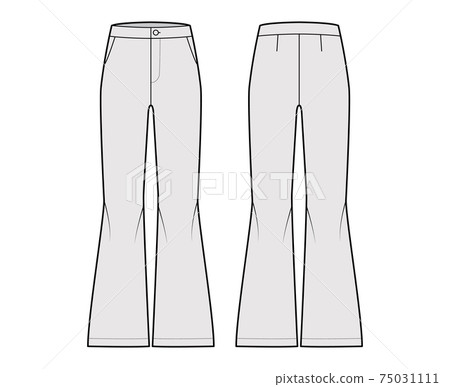 Pants bell-bottom technical fashion illustration with normal waist, high rise, slant pockets, wide legs, full length. Pants bell-bottom technical fashion illustration with normal waist, high rise, slant pockets, wide legs, full length. 75031111