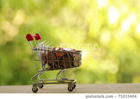 Shopping cart - trolley and coins on wood. Expense, shopping and financial and banking concept. Shopping cart - trolley and coins on wood. Expense, shopping and financial and banking concept. 75033404