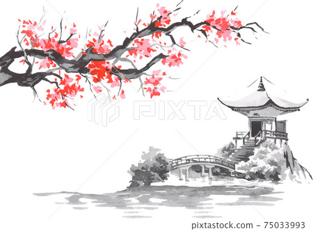 Japan traditional sumi-e painting. Fuji mountain, sakura, sunset. Japan sun. Indian ink vector illustration. Japanese picture. 75033993