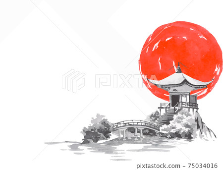 Japan traditional sumi-e painting. Fuji mountain, sakura, sunset. Japan sun. Indian ink vector illustration. Japanese picture. 75034016