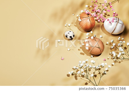 Easter eggs with natural diy decor, flowers and shadows. Zero Waste Easter Concept 75035366