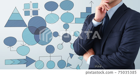 考慮一下業務模型,策略和計劃。穿著藍色西裝的經理。手繪圖。 考慮一下業務模型,策略和計劃。穿著藍色西裝的經理。手繪圖。 75035385