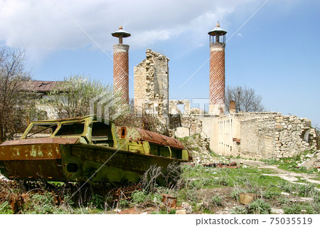 Destroyed military vehicles and Azerbaijani district of Shusha (Shushi) 75035519