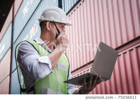 Container Logistics Shipping Management of Transportation Industry, Transport Engineer Managing Control Via Computer Laptop in Containers Shipyard. Business Cargo Ship Import/Export Factory Logistic. 75036011