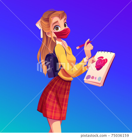 Woman painter in face mask draw in album 75036159
