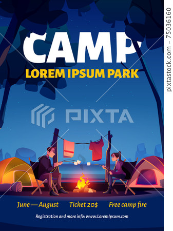 Summer camp with campfire in nature park poster 75036160
